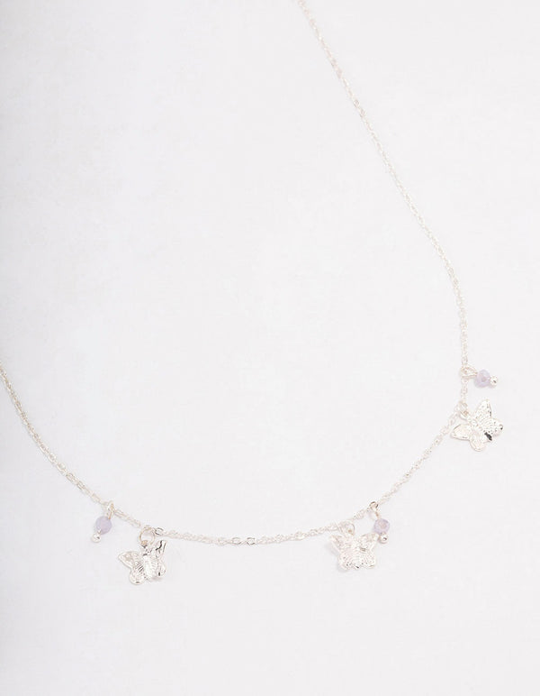 Silver Butterfly Beaded Droplet Necklace