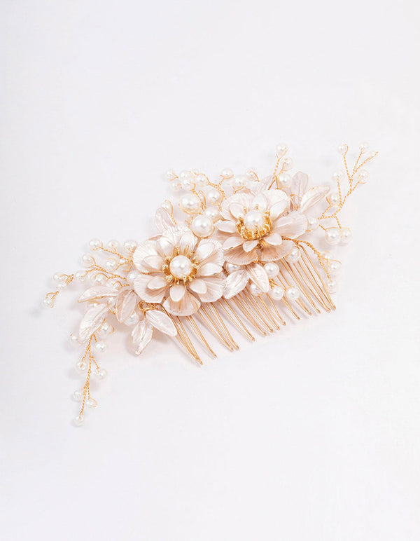 Gold Flower Wire Pearl Hair Comb Lovisa