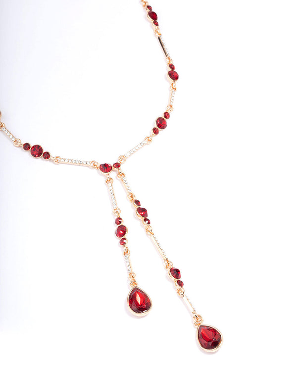 Red Multi Diamante Y-Shape Necklace