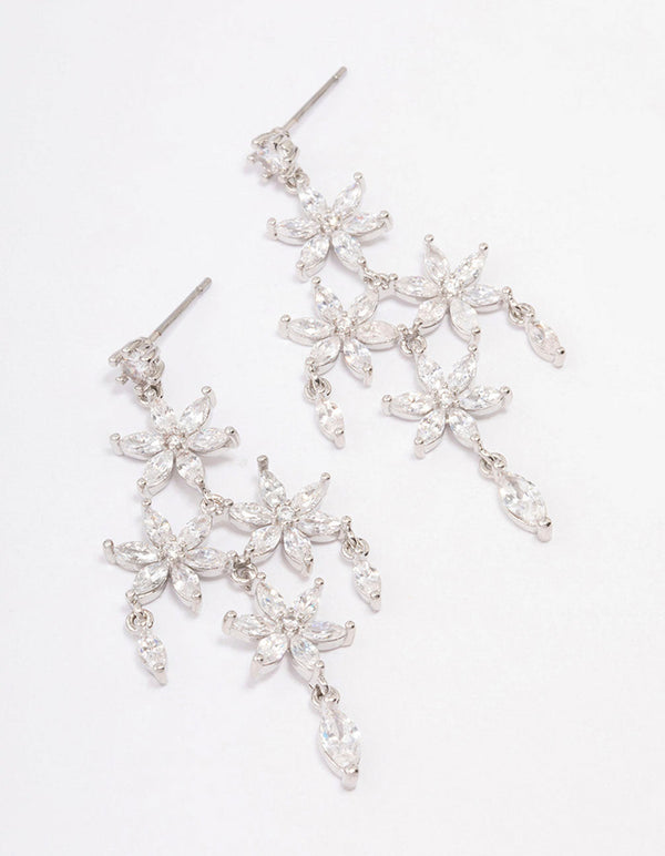 Rhodium Flower Chandelier Drop Earrings