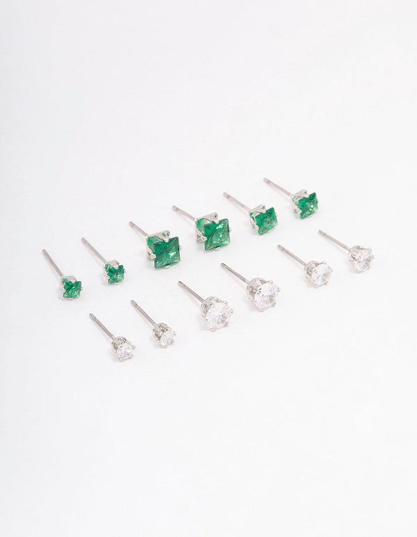 Rhodium Cubic Zirconia Round & Square Stud Earrings 12-Pack